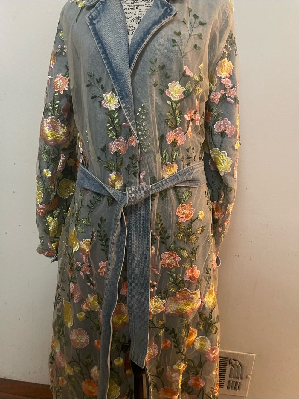 AKIRA Sheer Embroidered Floral Trench Coat in Gray with Pink & Yellow Flowers
